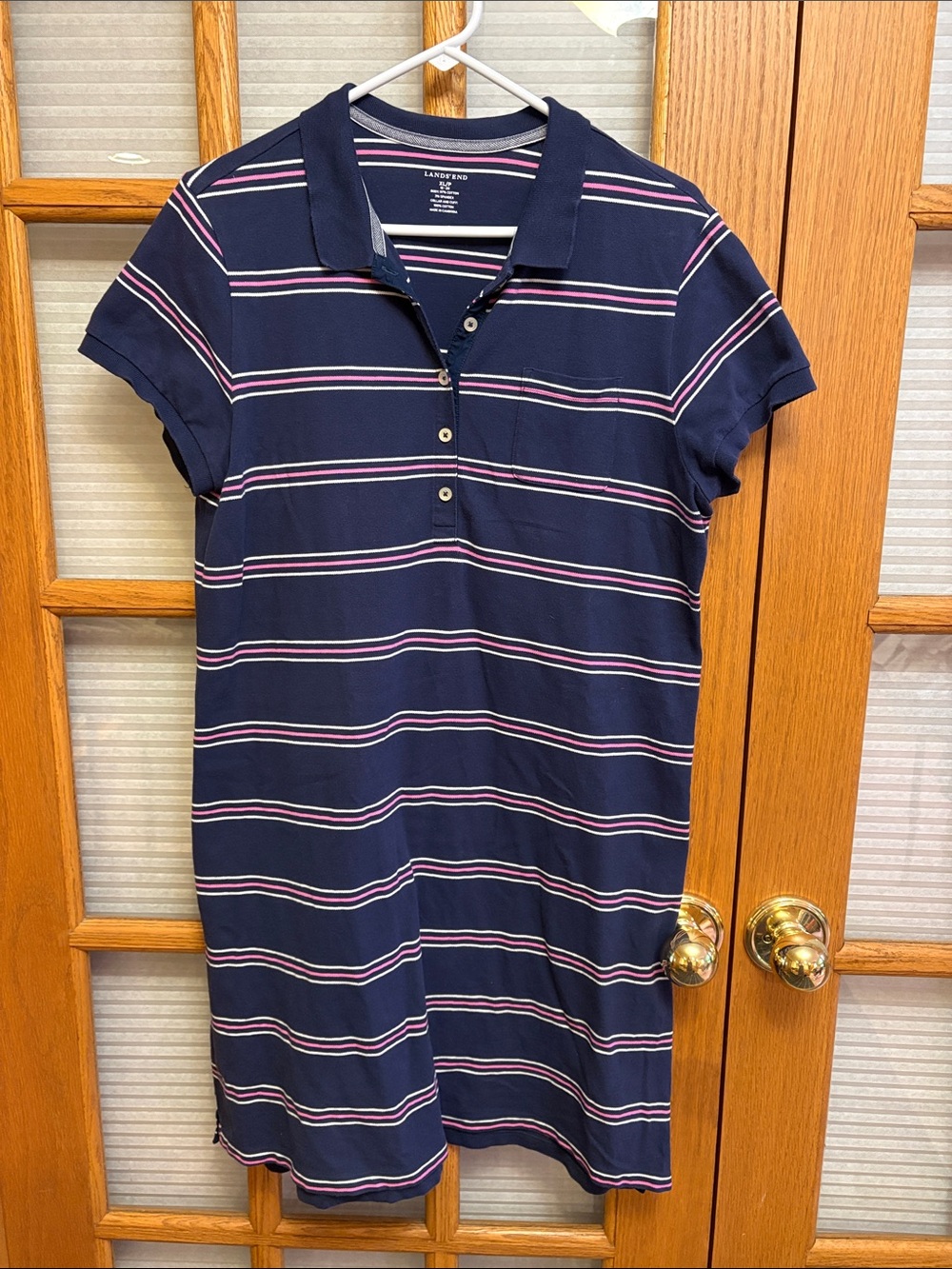 EUC Lands' End Navy Polo Midi Dress with Pink & White Stripes